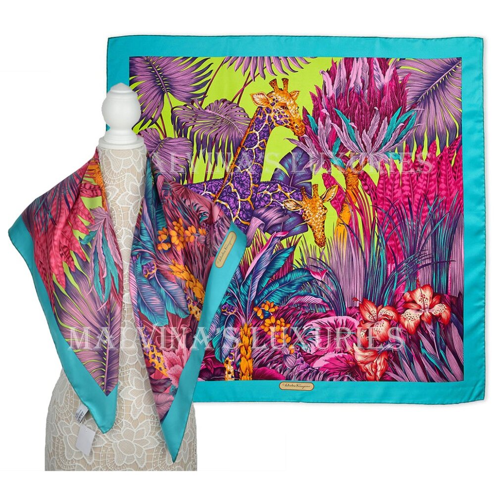 SALVATORE FERRAGAMO SCARF SIGNATURE GIRAFFE JUNGLE PRINT SILK 35"
